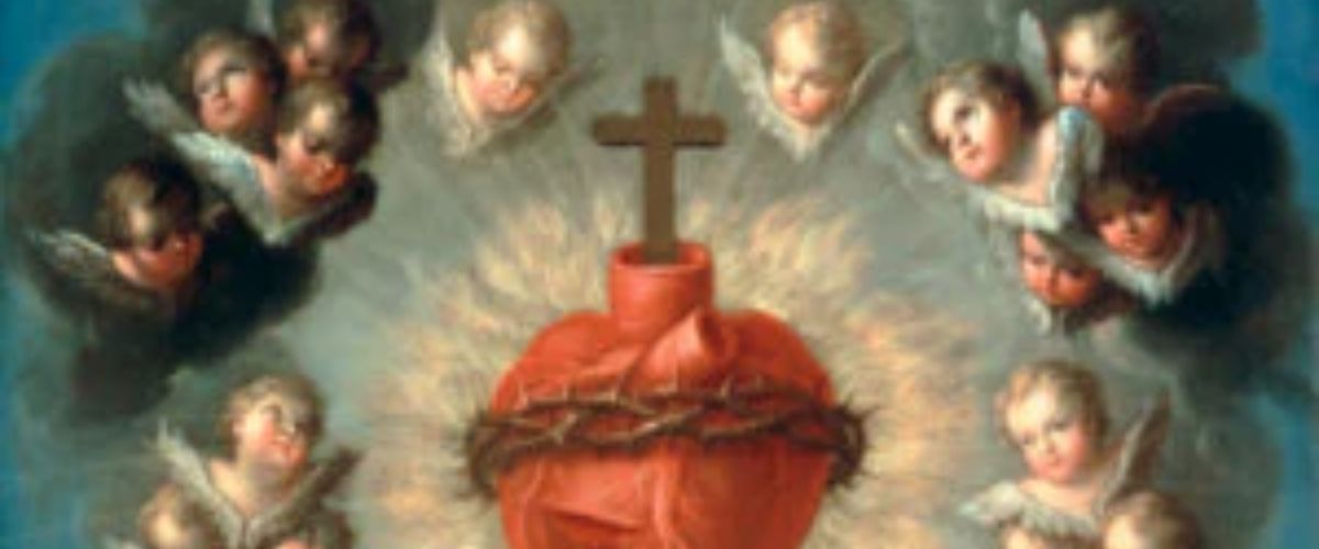 Painting of the Sacred Heart of Jesus glowing in the sky, surrounded by angels, with two saints praying below.
