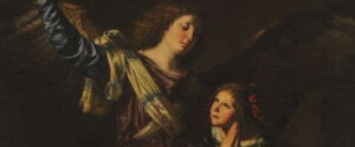 Religious painting of an angel comforting a child, both with wings, in a dimly lit scene