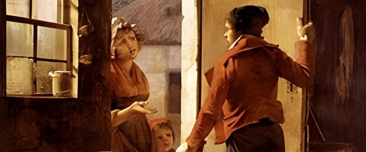 A man leaving a modest home while a woman and child look on from the doorway.