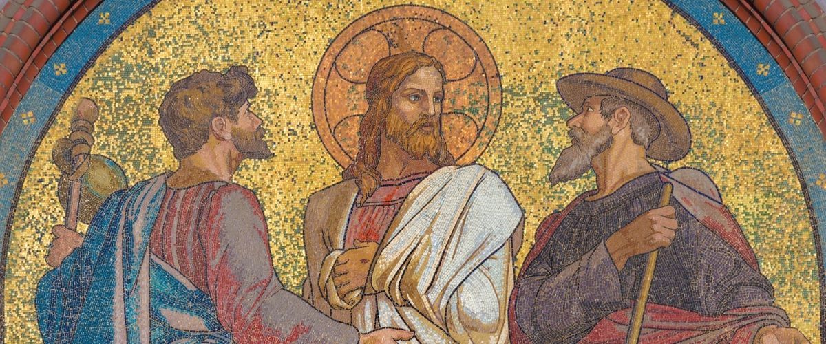 Mosaic of Jesus with halo standing between two men in robes, gesturing as they talk