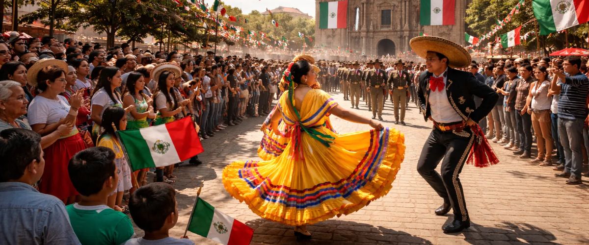 Couple in traditional Mexican attire dancing in a festive street parade with flags and a cathedral backdrop