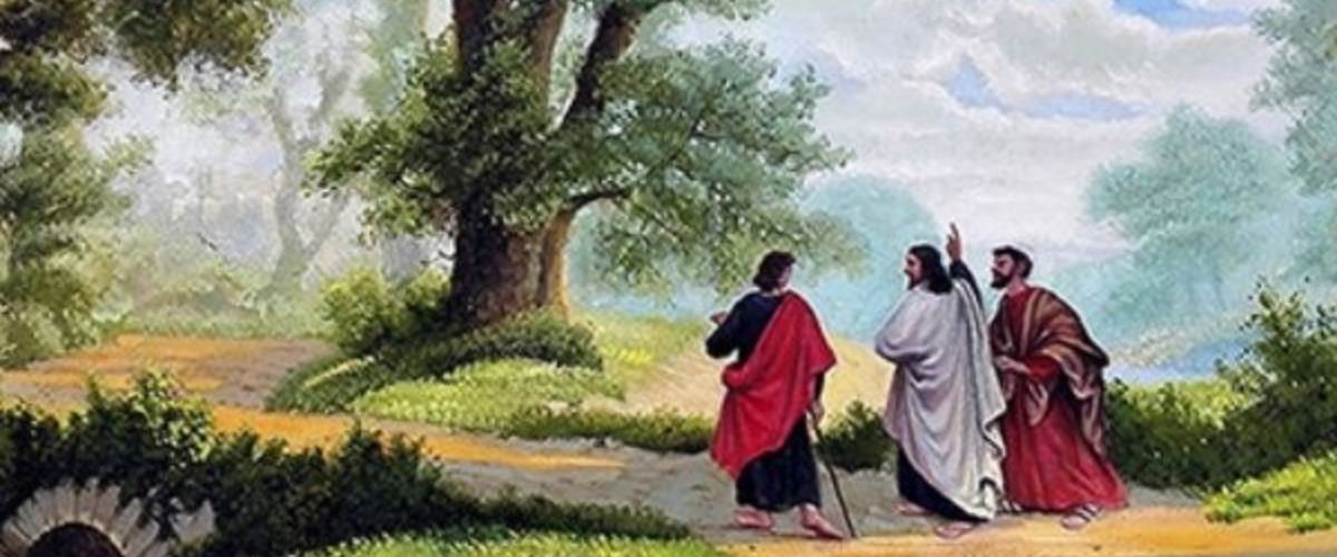 Painting of Jesus Christ appearing to two followers on a countryside path after his resurrection, beneath a large tree in a peaceful landscape