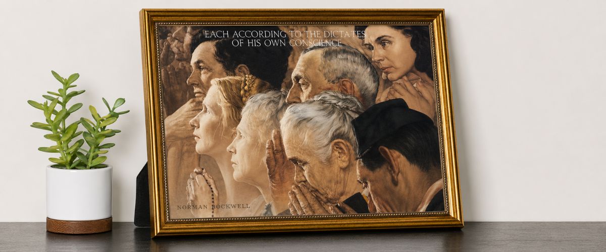 Framed Norman Rockwell artwork featuring people in prayer and reflection with vintage gold frame