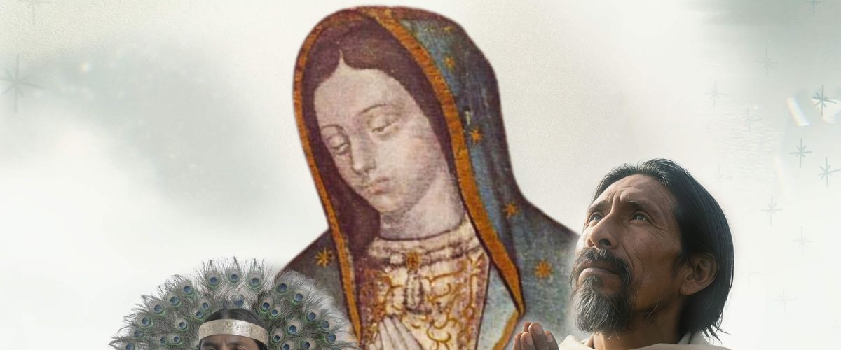 Poster showing Our Lady of Guadalupe with two men in prayer beneath the text “Not Made by Human Hands – The Miracle of Guadalupe