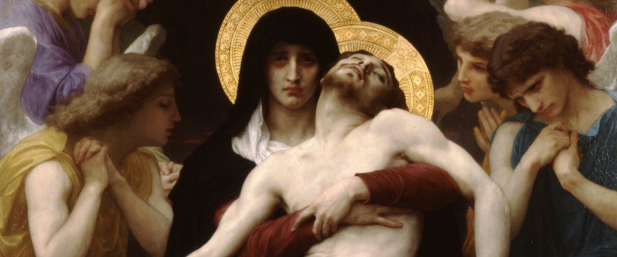 Painting of the Virgin Mary holding the lifeless body of Jesus, surrounded by mourning angels