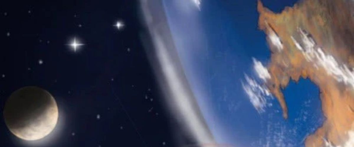 View of Earth from space with stars and a partially lit moon above the horizon