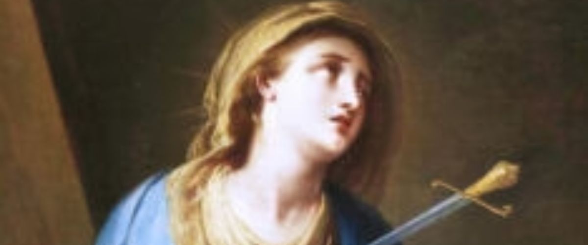 Religious painting of the Virgin Mary with a sword piercing her heart, symbolizing deep sorrow and suffering