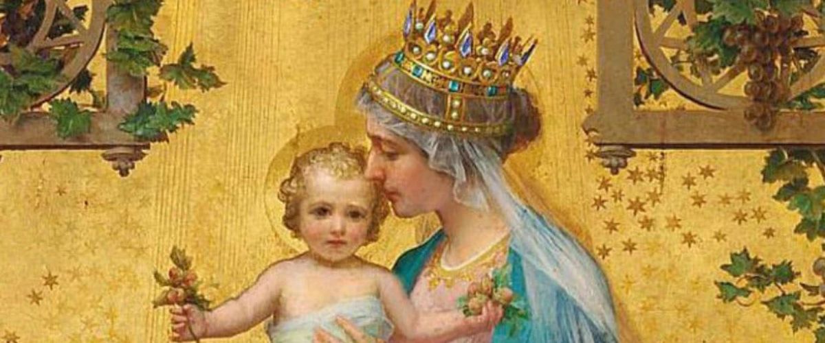 Painting of crowned Virgin Mary holding child Jesus with gold background