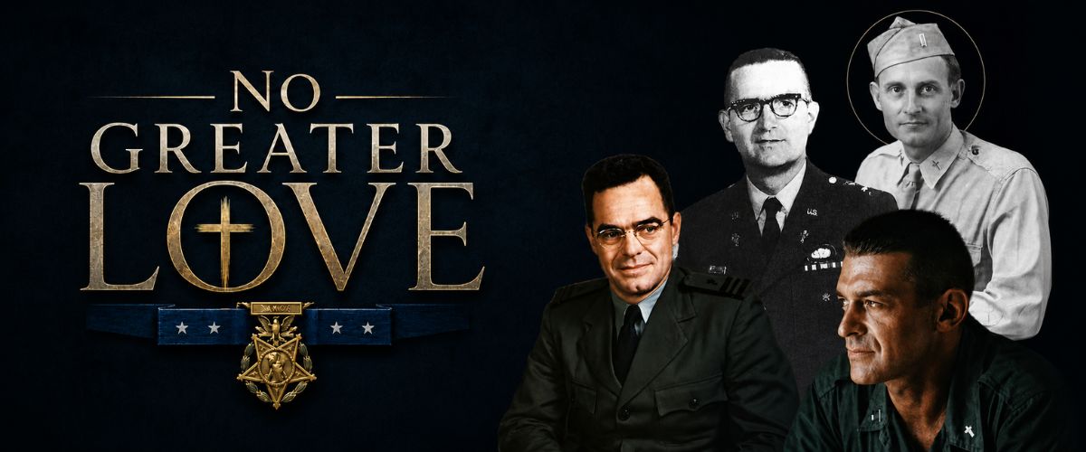 No Greater Love military tribute poster featuring dramatic gold typography and portraits of soldiers against a dark cinematic background