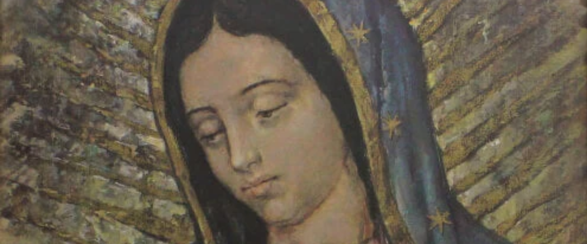 Our Lady of Guadalupe with hands clasped in prayer, surrounded by radiant golden rays