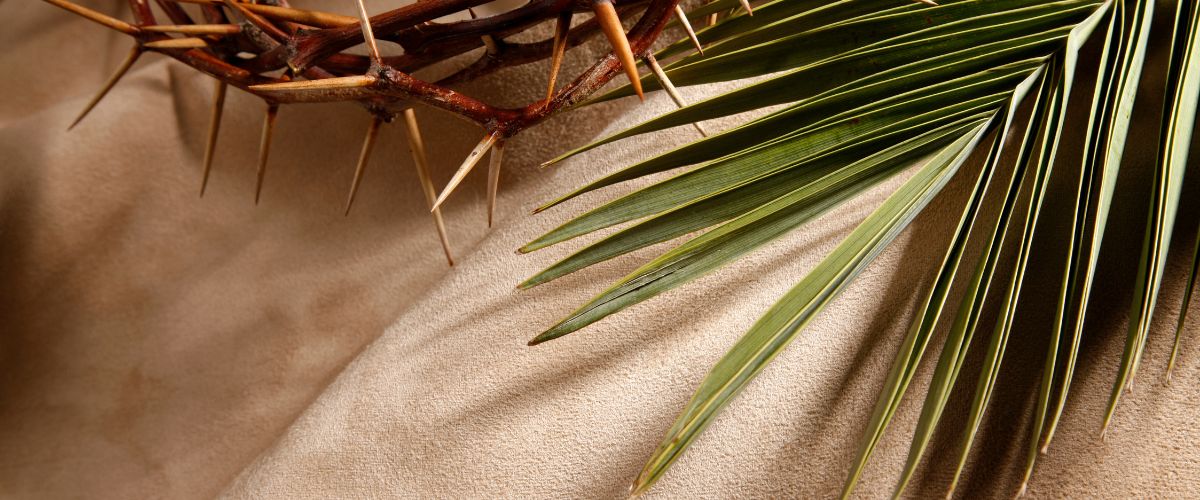 Palm frond and crown of thorns on sand, symbolizing Palm Sunday and Jesus’ sacrifice.