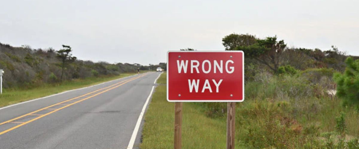 Red “Wrong Way” road sign beside a rural two-lane highway.