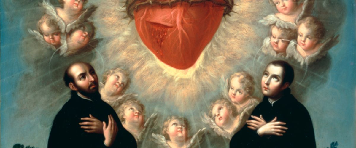 Sacred Heart of Jesus surrounded by angels above two praying saints