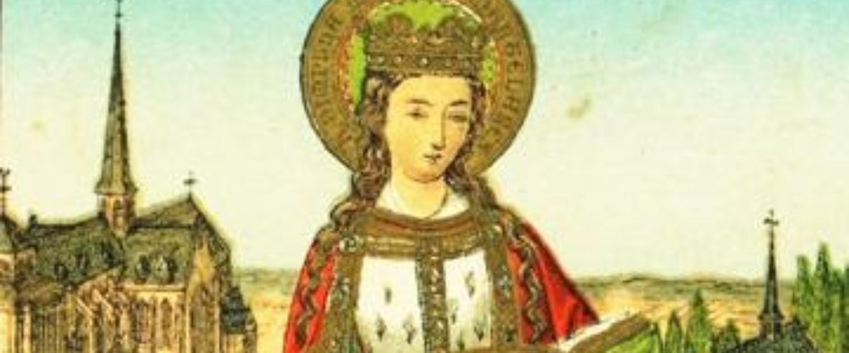 Saint Dymphna holding a book and sword, with a church and village scene in the background