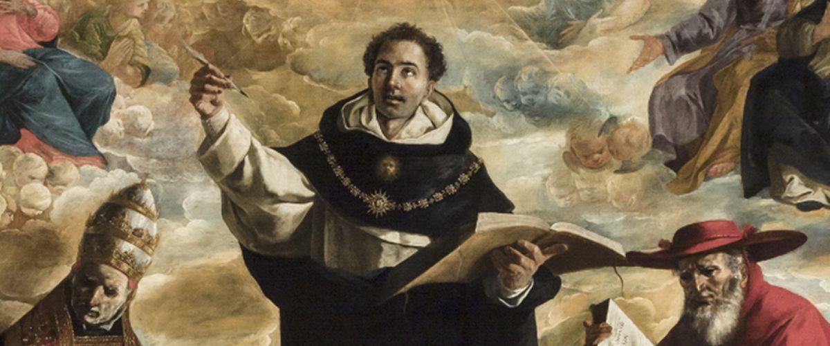 Painting of St. Thomas Aquinas teaching, surrounded by church leaders, with the Holy Spirit above in heaven