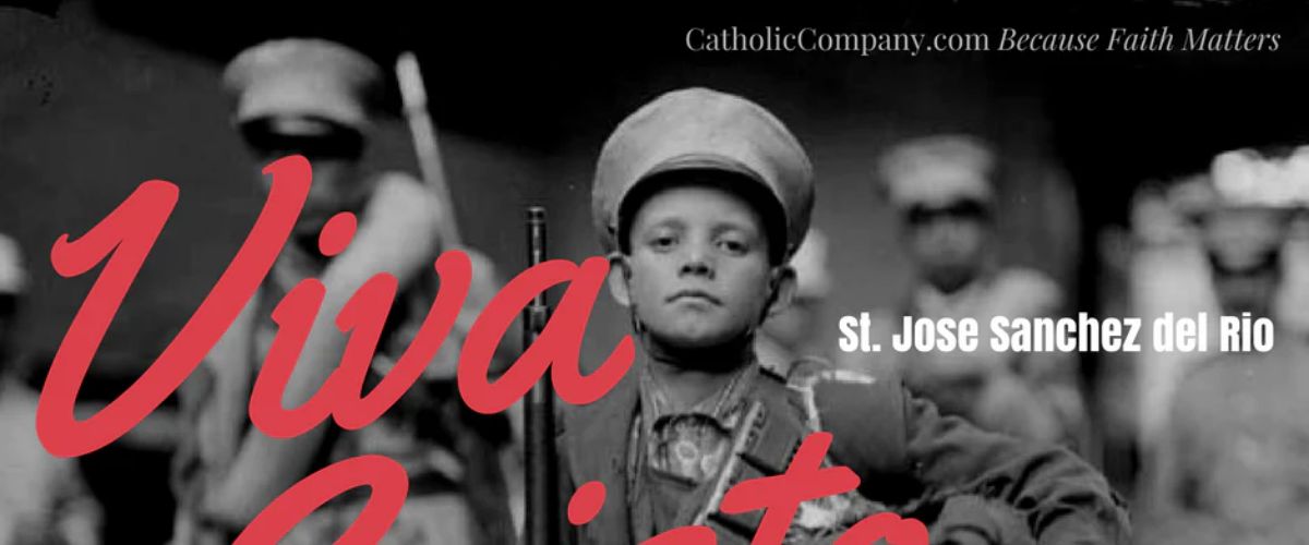 Viva Cristo Rey graphic featuring St. Jose Sanchez del Rio in black-and-white with bold red text overlay