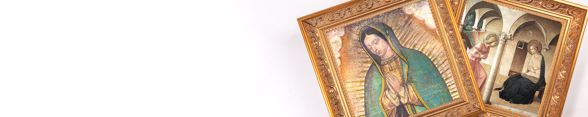 Banner image featuring framed Catholic home decor on a white background