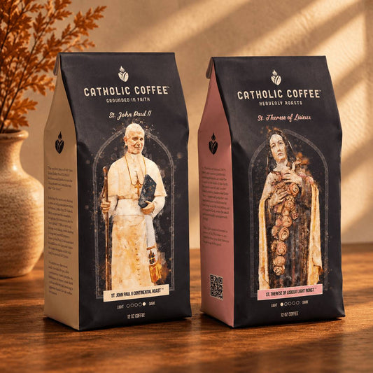 Two Catholic Coffee Bags featuring St. John Paul II and St. Therese with a seasonal backdrop.