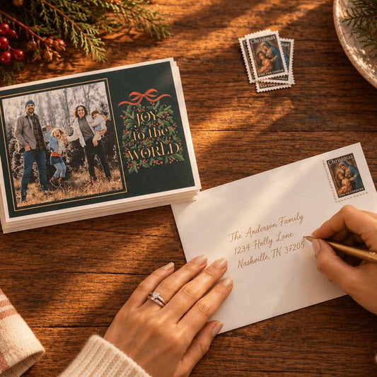 Christian Christmas Card being addressed by hand with a seasonal backdrop.