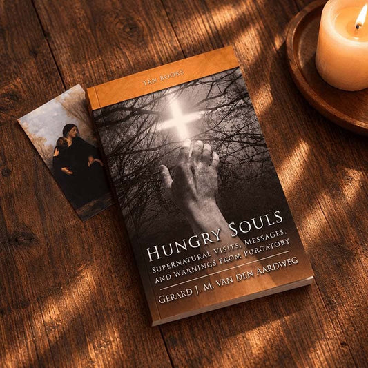 Book titled "Hungry Souls" with an All Souls prayer card on a wooden table with candle.