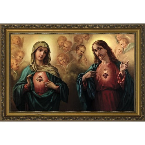 Sacred & Immaculate Hearts Surrounded by Angels in Gold Frame