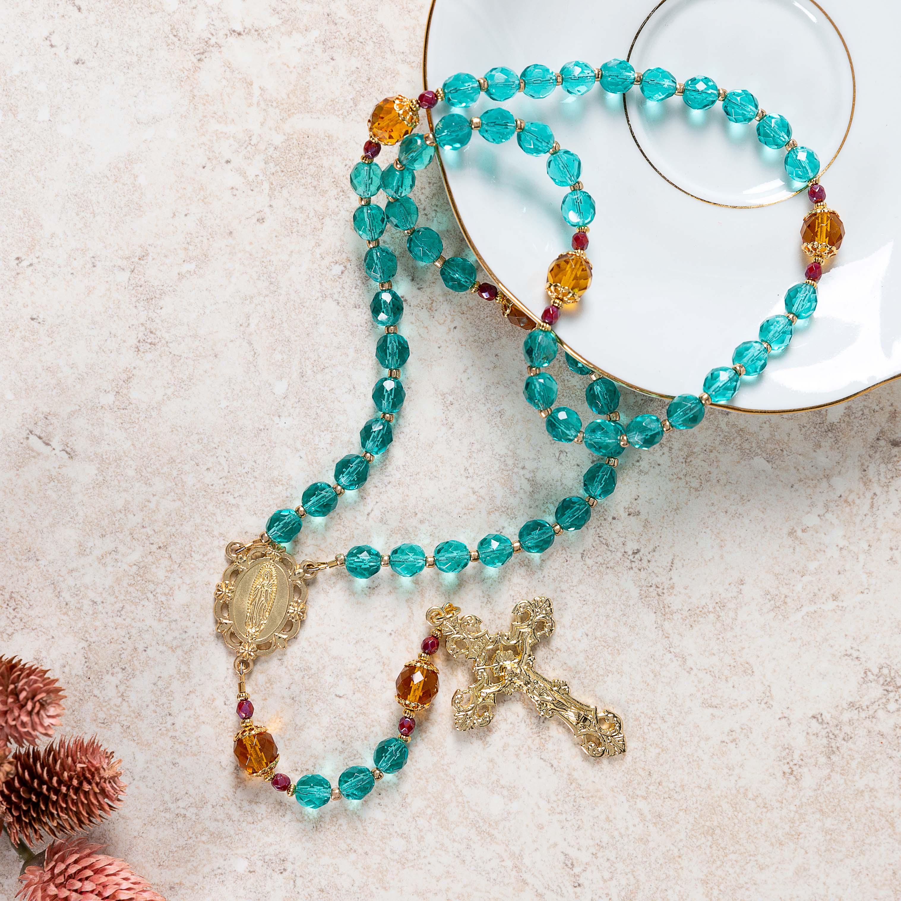 Turquoise Fire Polished Crystal Our Lady of Guadalupe Rosary