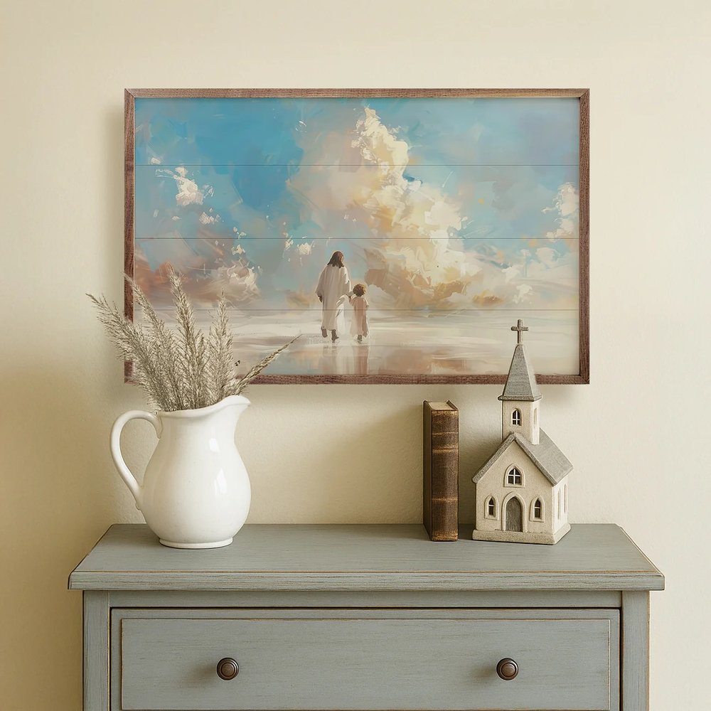 Jesus Walking with Little Boy Framed Art