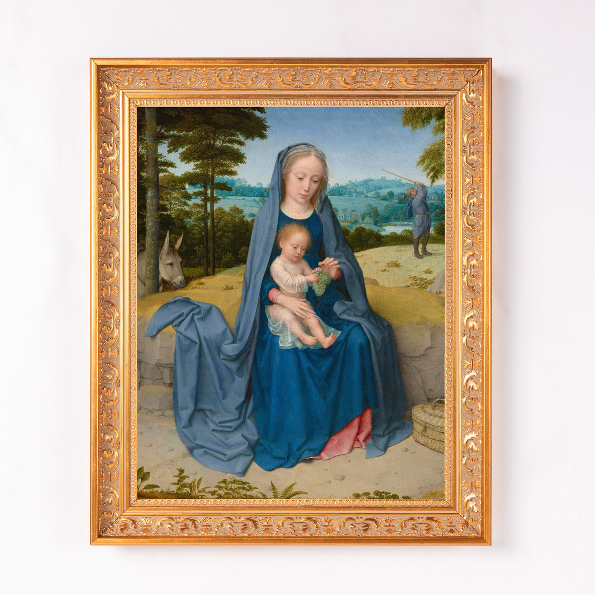 Framed painting shows Mary and Jesus in a landscape, oil on wood panel in Renaissance style with a decorative gold frame.