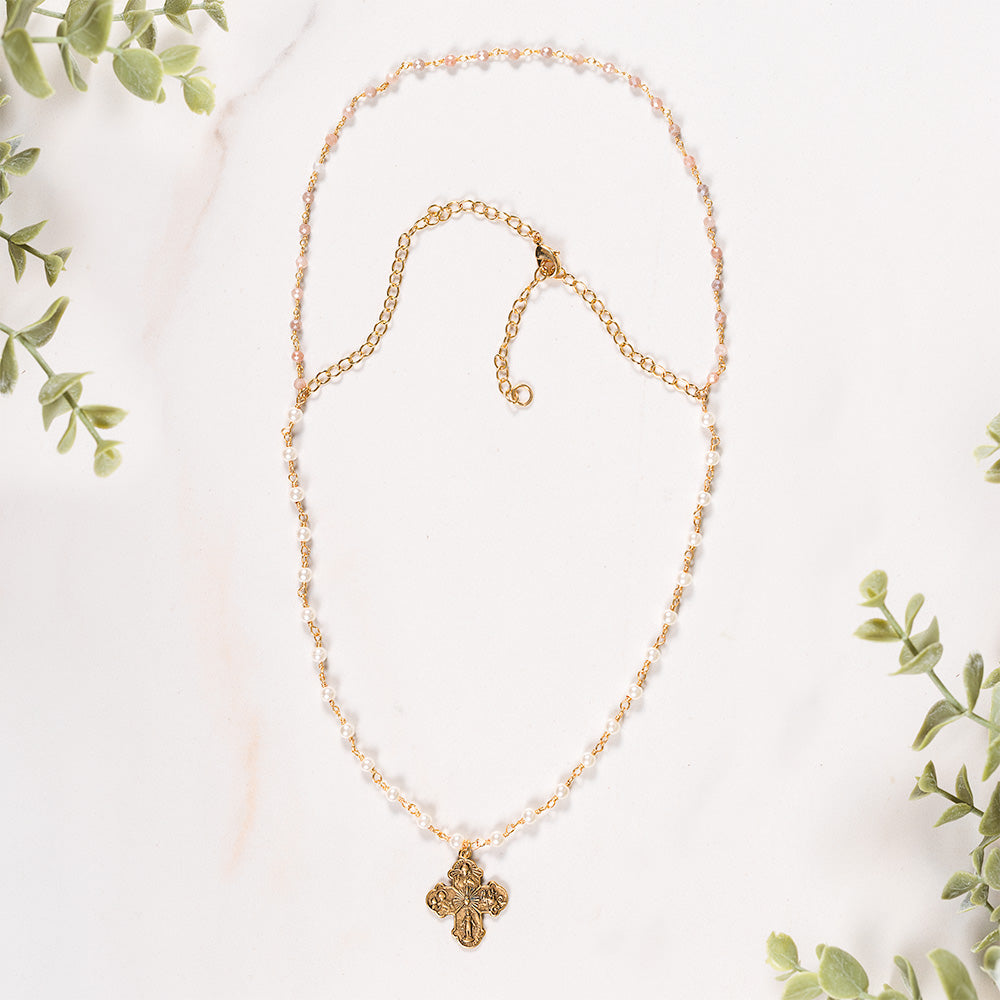 Beaded Freshwater Pearl & Four Way Cross Necklace