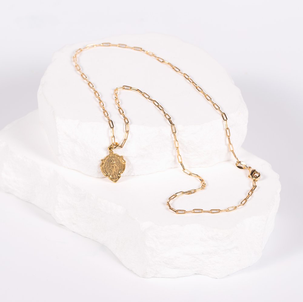 Ornate Miraculous Medal on Petite Paperclip Chain Necklace
