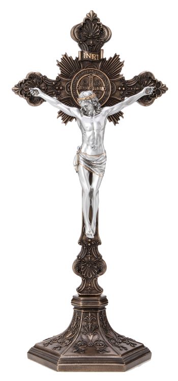 St. Benedict Standing or Wall Crucifix with Silver Corpus - 9.5"