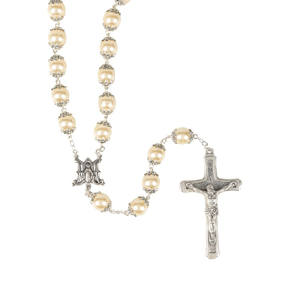 Capped Pearl Rosary with Marian Monogram Center