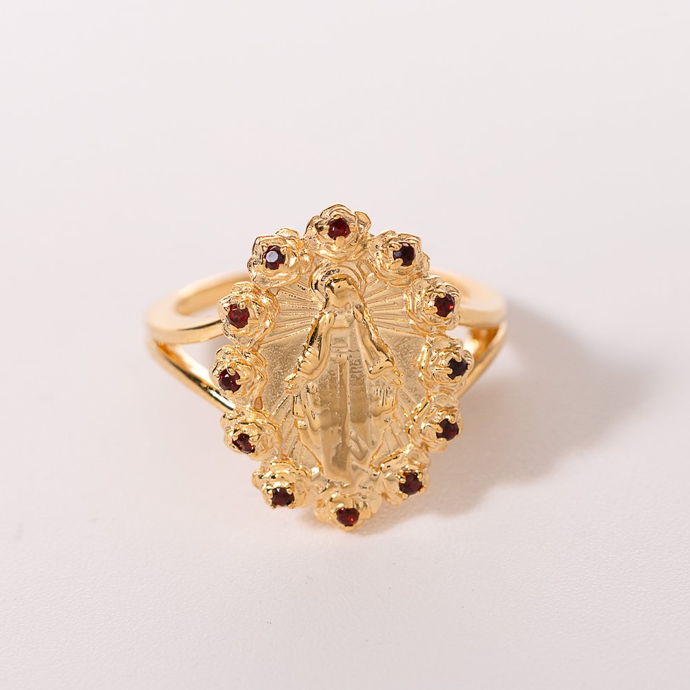 Gold Miraculous Medal & Rose Halo Adjustable Ring