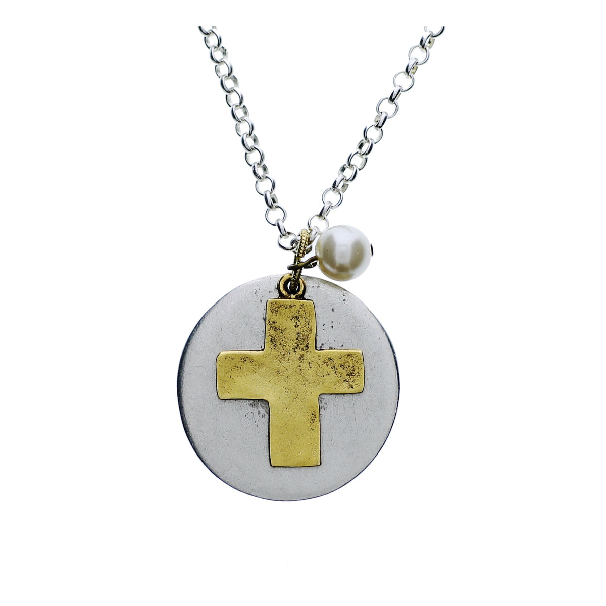 Hammered Cross & Pearl Pendant