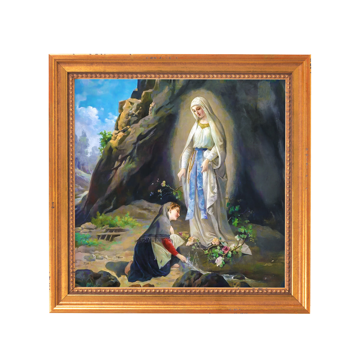 Framed oil painting of Mary and Bernadette at the spring, gold frame.