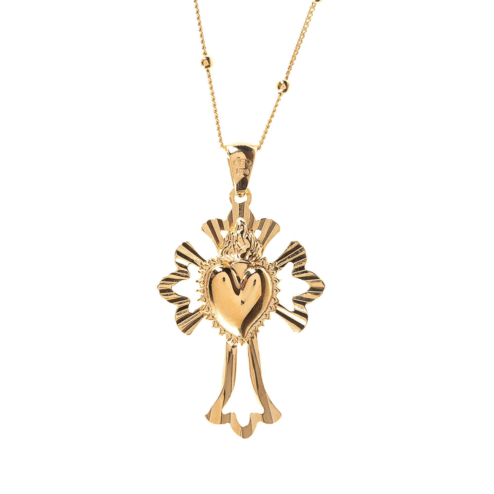 Gold Over Sterling Sacred Heart Sunburst Cross Necklace