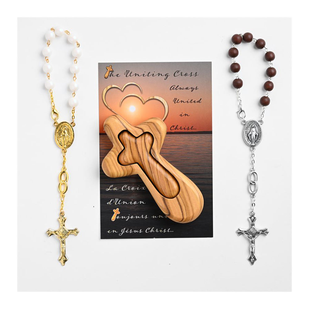 Wedding Gift Set with Olive Wood Cross & Matching Bride/Groom Decade Rosaries