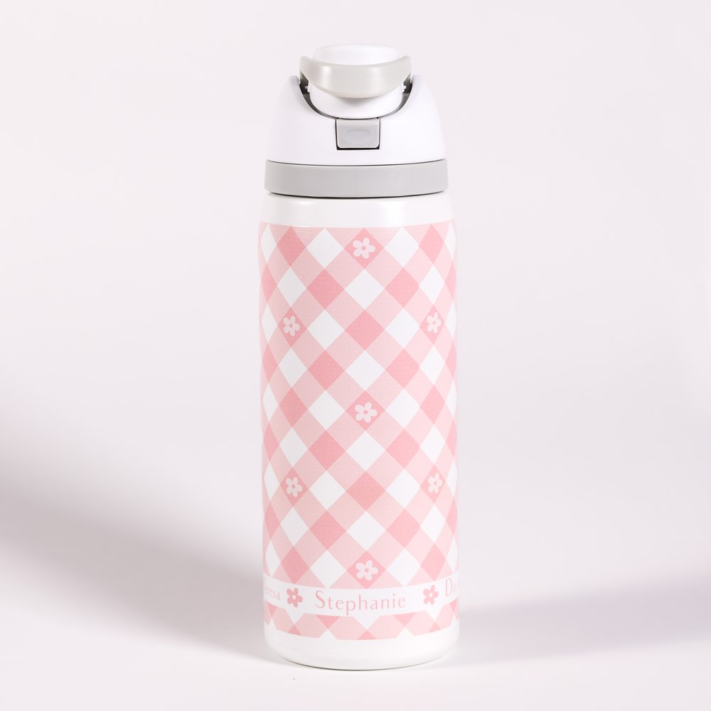 Stainless steel water bottle with pink gingham pattern and name customization.