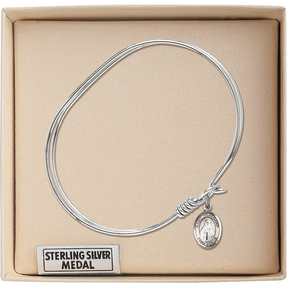 Adult 7" Oval Rhodium Plated Bangle Bracelet with St. Hildegard von Bingen Medal Charm