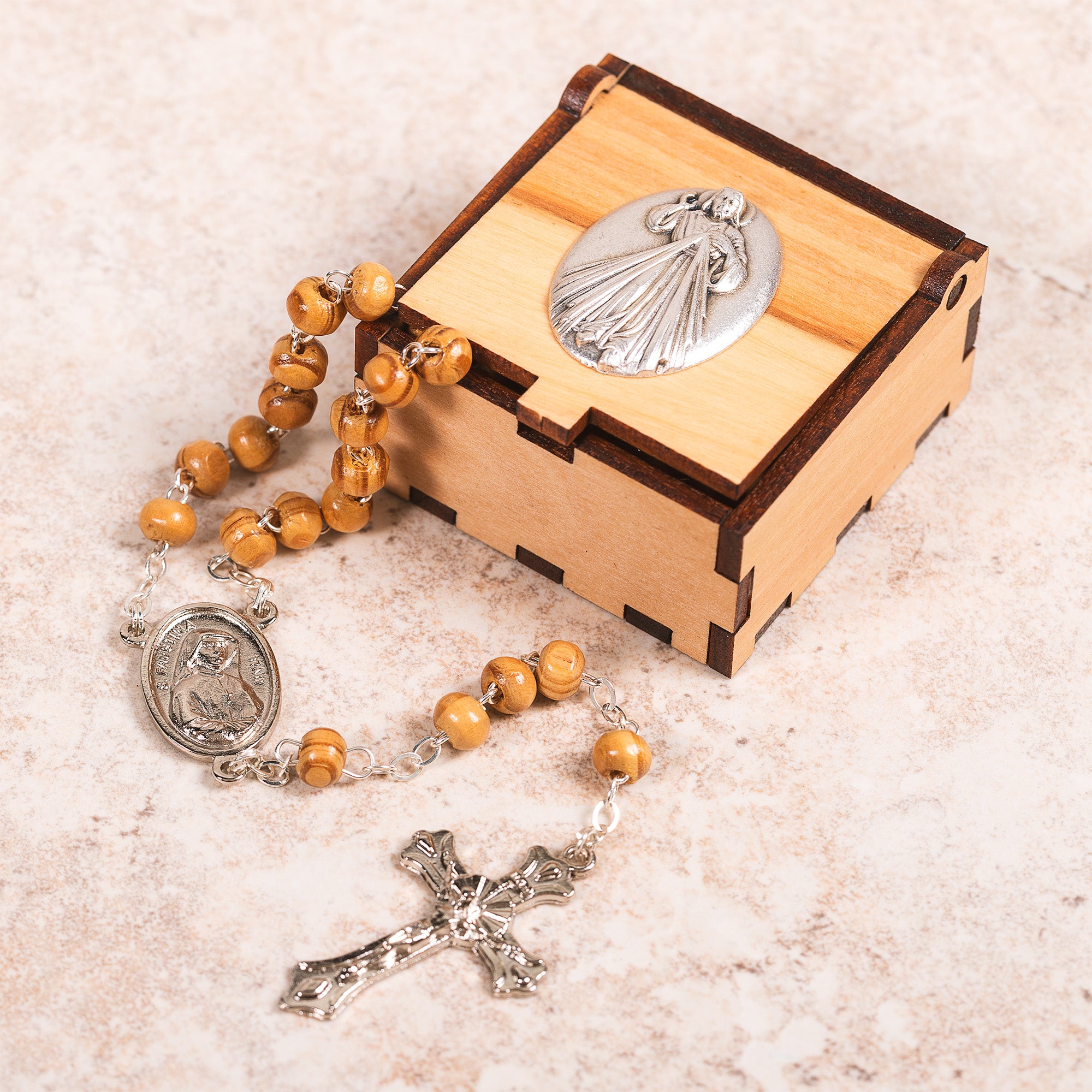 Italian Wood Rosary & Divine Mercy St. Faustina Rosary Box
