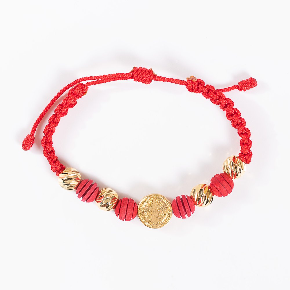 St. Benedict Red Cord Bracelet with Gold Medal