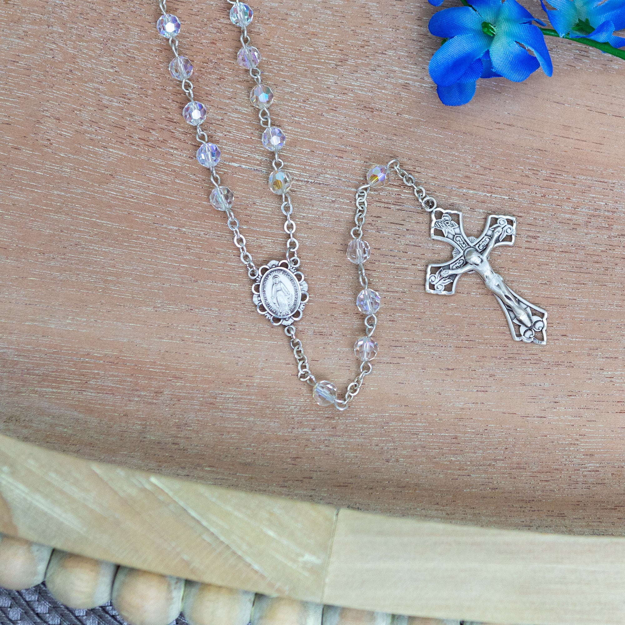 Swarovski Clear Crystal Aurora Borealis and Sterling Rosary
