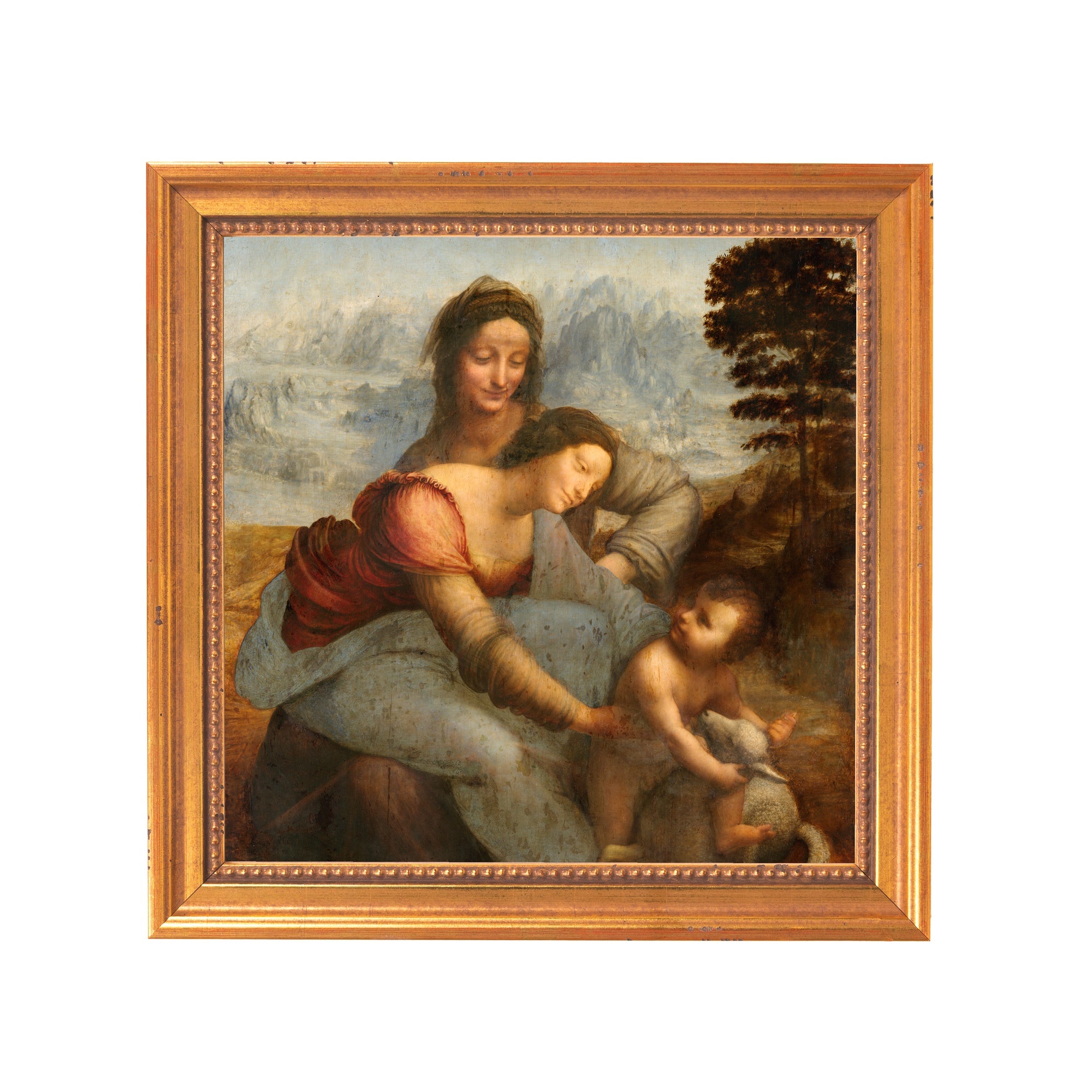 Artwork features two women and a baby holding a lamb in an ornate gold frame.