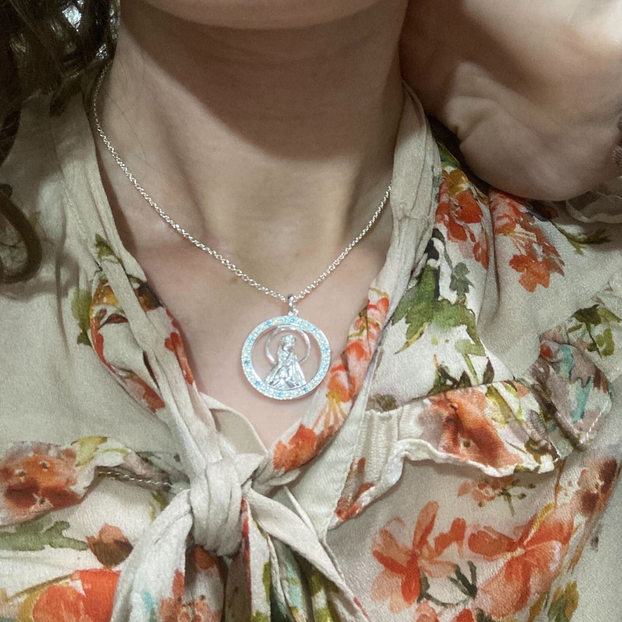 Sterling Silver & Blue Topaz Mary Queen of Heaven Necklace