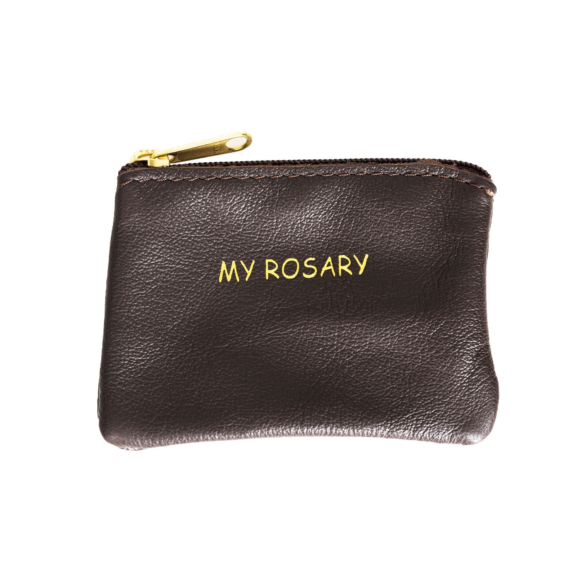 Brown Leather Rosary Pouch with Gold Lettering
