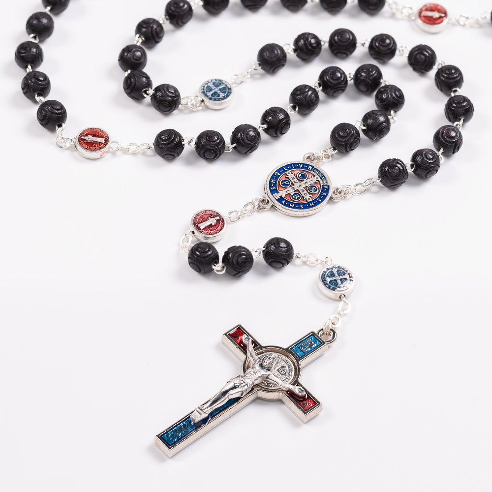 Black Carved Bead St. Benedict Rosary with Blue Enamel Accents