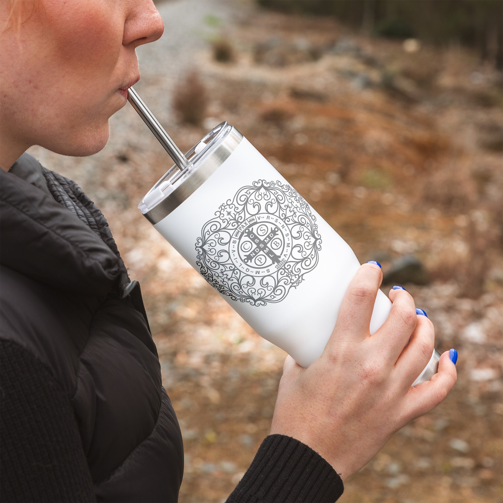 St. Benedict Filigree Tumbler with Straw