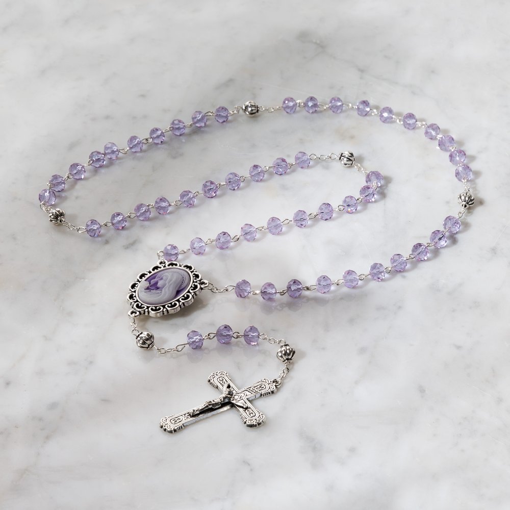 Purple Cameo Lourdes Water Rosary