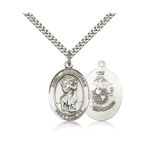 Sterling Silver St. Christopher Pendant -U.S. Marines w/ 24 inches chain