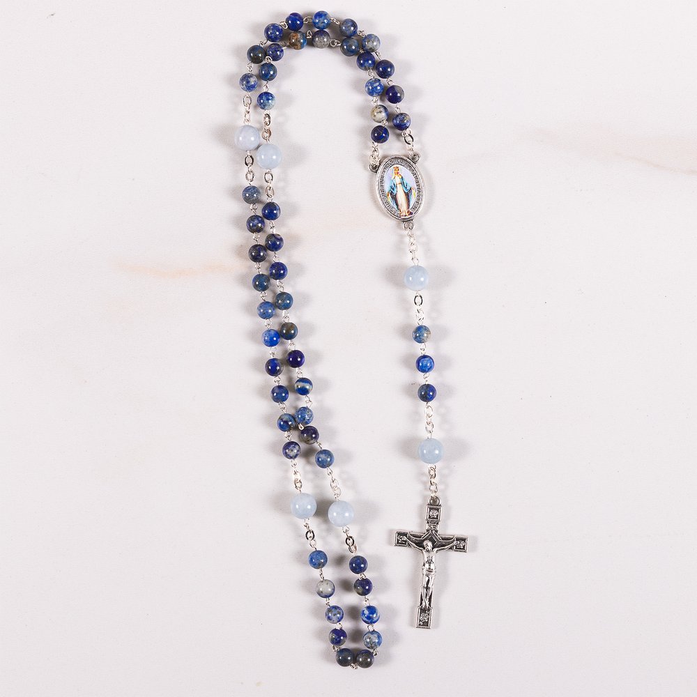 Lapis & Angelite Miraculous Medal Rosary